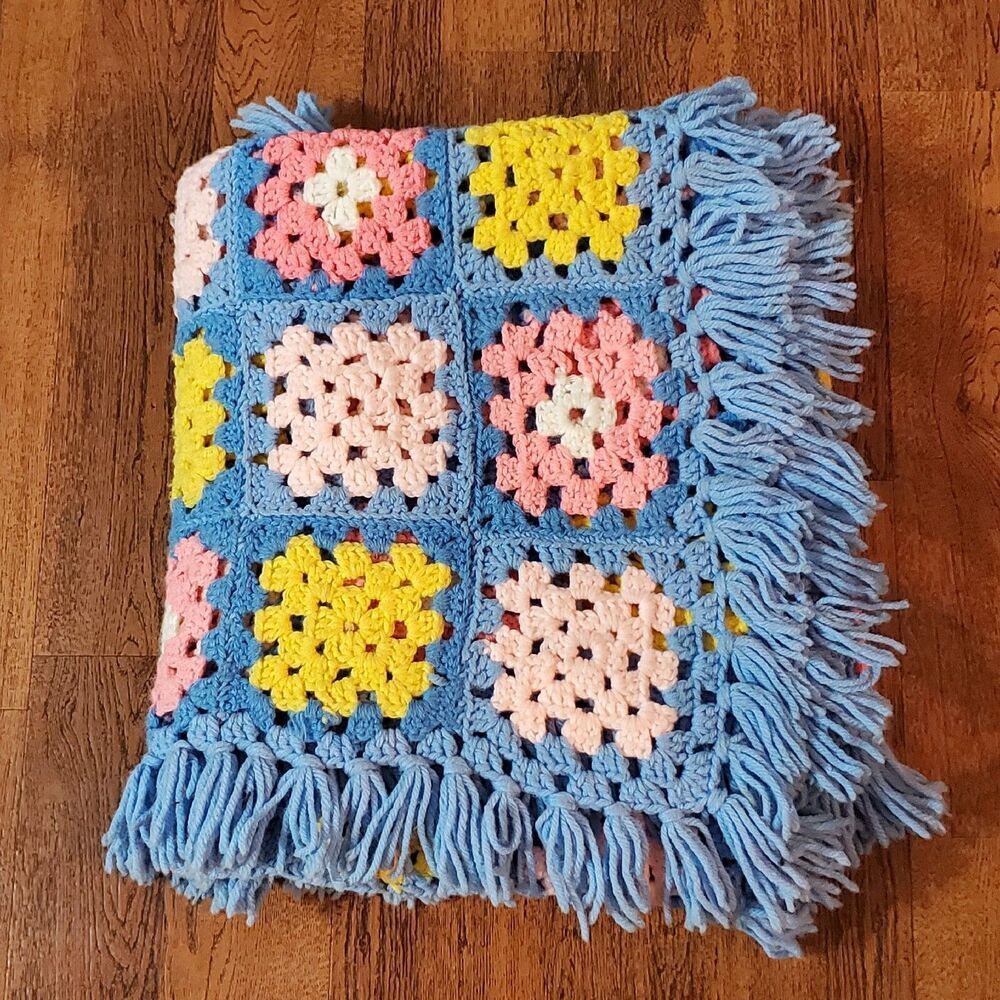 Vintage Granny Square Crochet Afghan Blanket Throw 65" X 43"